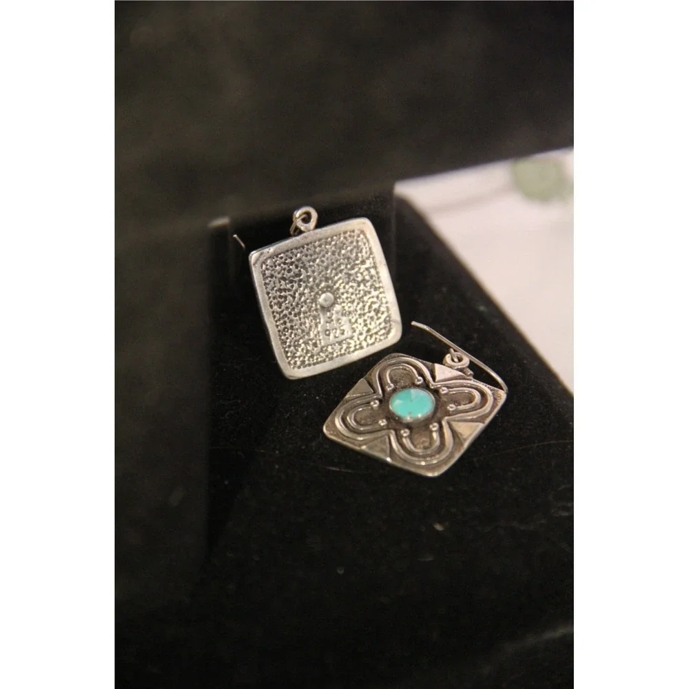Vintage Sterling Silver 925 Turquoise Square Floral Drop Earrings French Hook - Picture 5 of 7